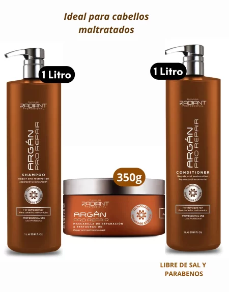 Pack Shampoo y Acondicionador 1000ml + Mascarilla 350g Argán Pro Repair Radiant