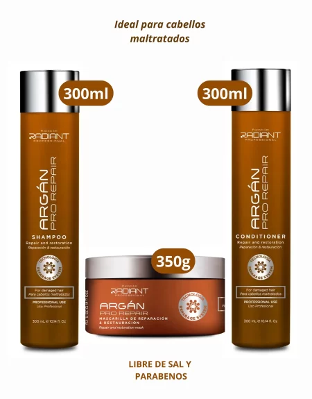 Pack Shampoo y Acondicionador 300ml + Mascarilla 350g Argán Pro Repair Radiant